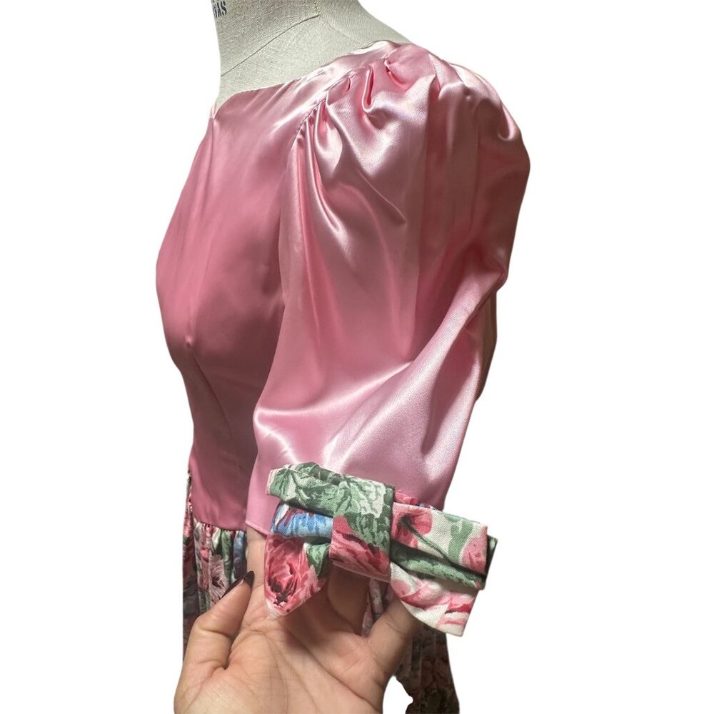 Vintage Debbie Robitaille Pink Satin‎ Bodice Floral Skirt Hi Low Floor Length - Picture 5 of 6